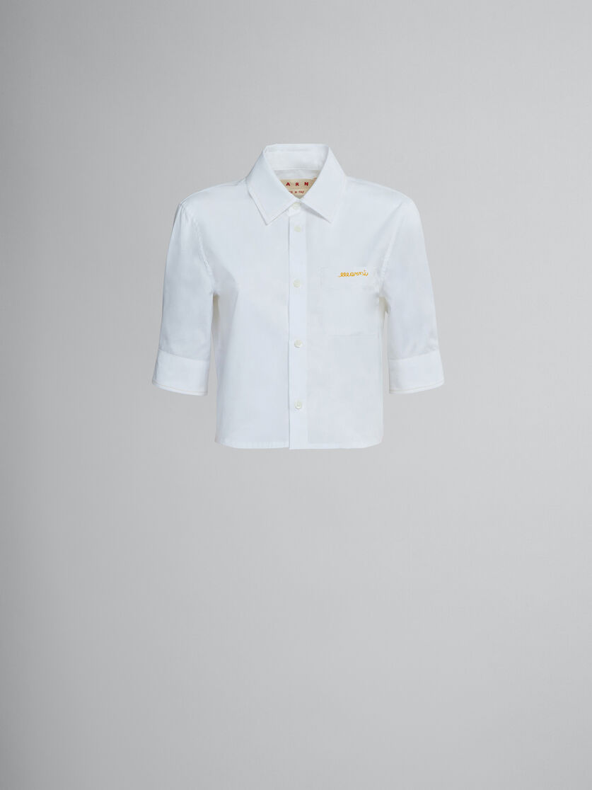 Kurze Hemdbluse aus weißer Popeline mit aufgesticktem Logo - Hemden - Image 1