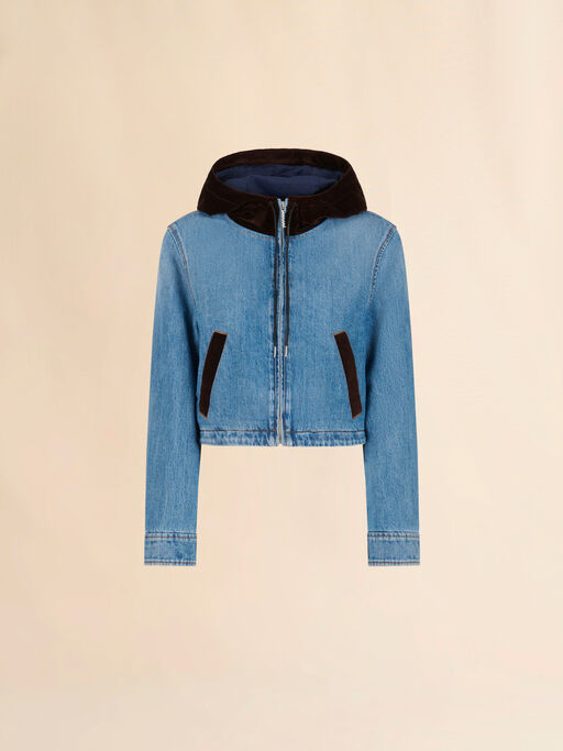Blue denim jacket with velvet hood - Jackets