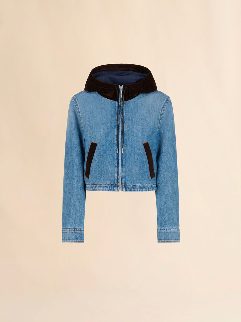 Blue denim jacket with velvet hood - Jackets - Image 1