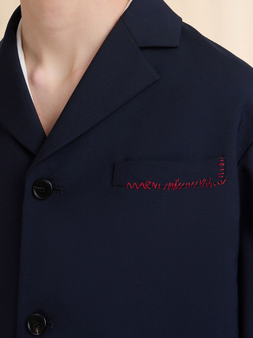 Dunkelblaue einreihige Jacke aus Wolle mit Marni Symbol-Stickerei - Jacken - Image 5