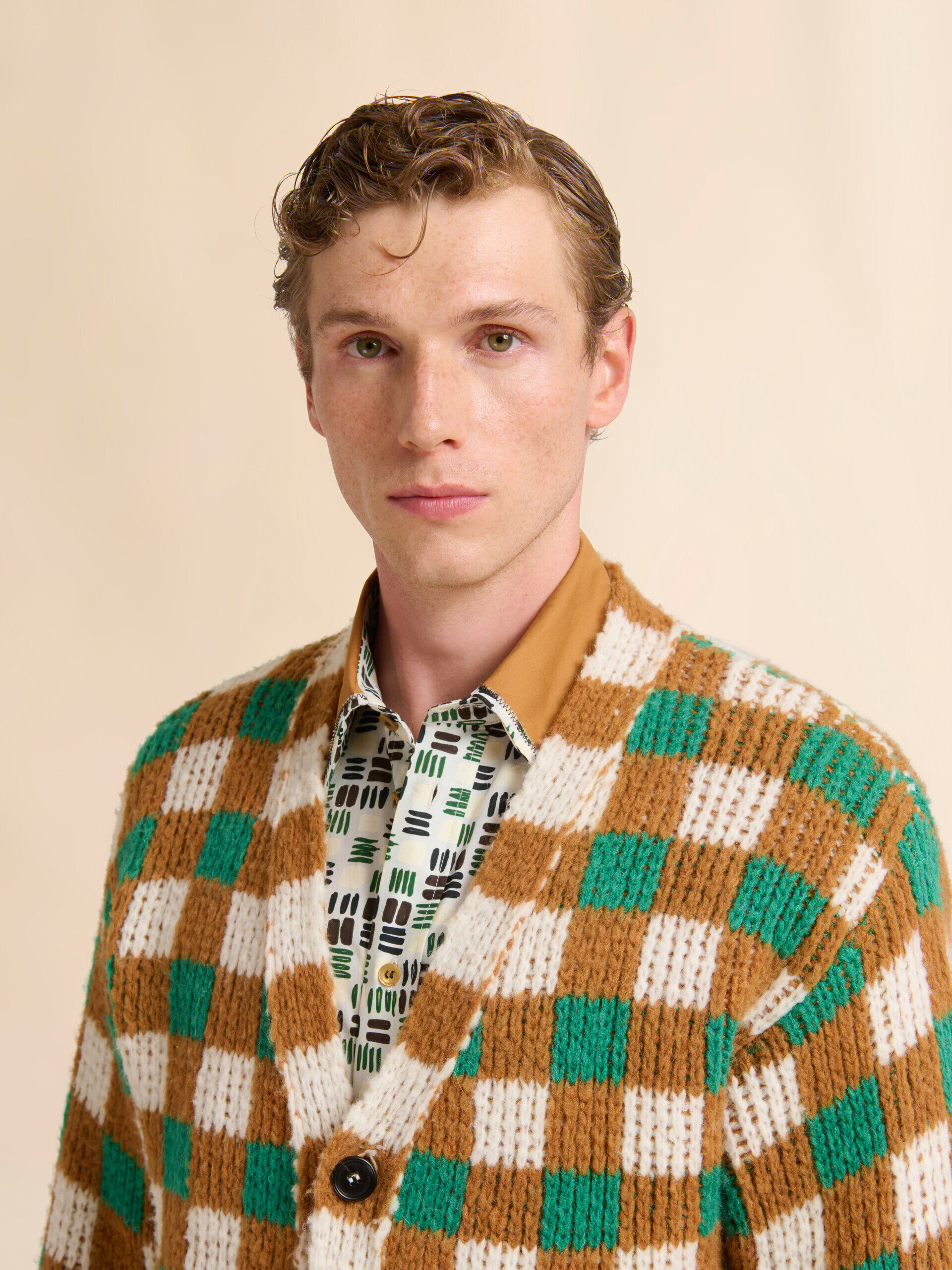 MARNI グリーン カッティングデザインニット Green wool and mohair cardigan with checkerboard motif | Marni