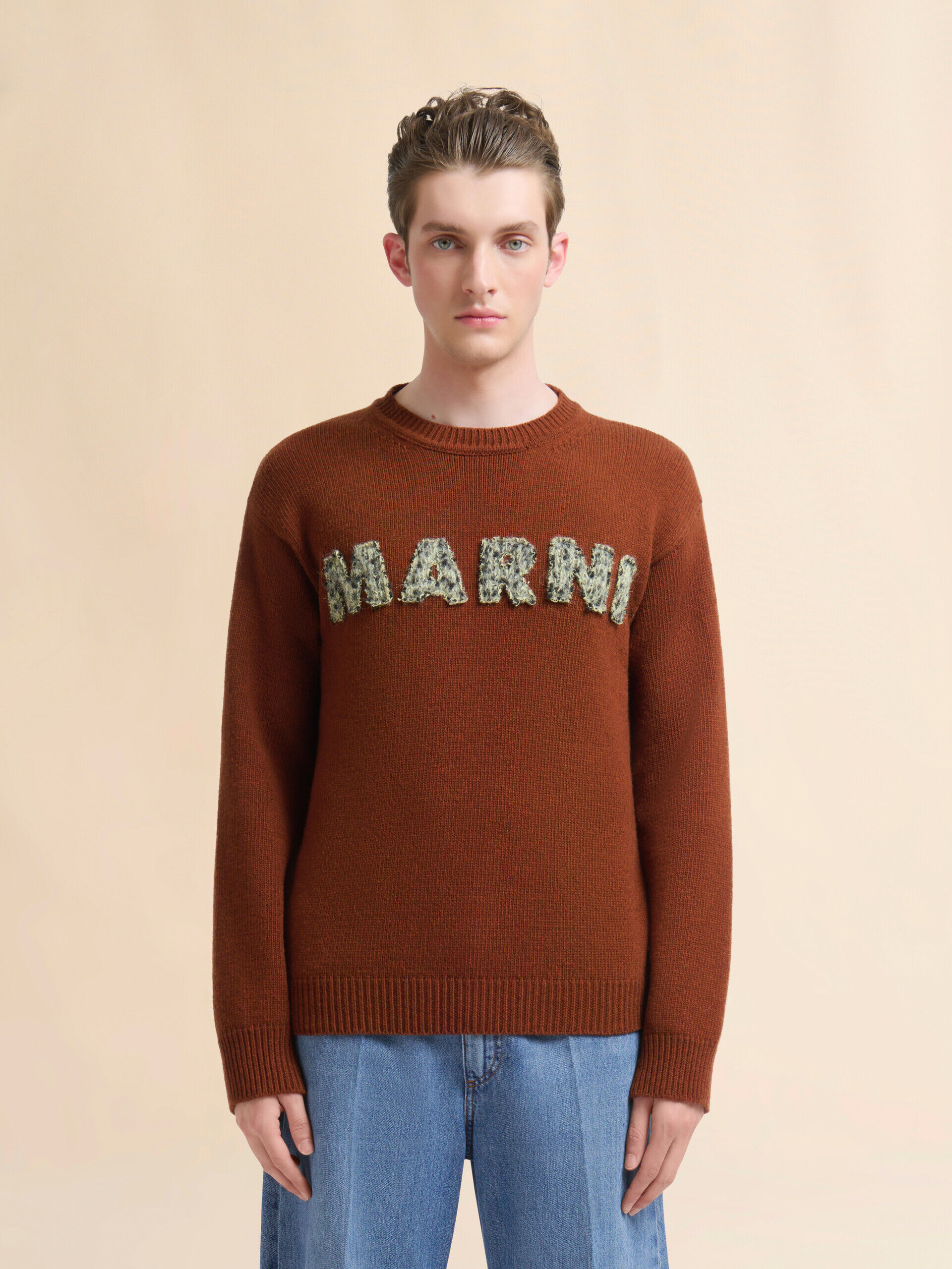 marni ニット　メンズ Brown wool sweater with laser-cut Marni logo | Marni