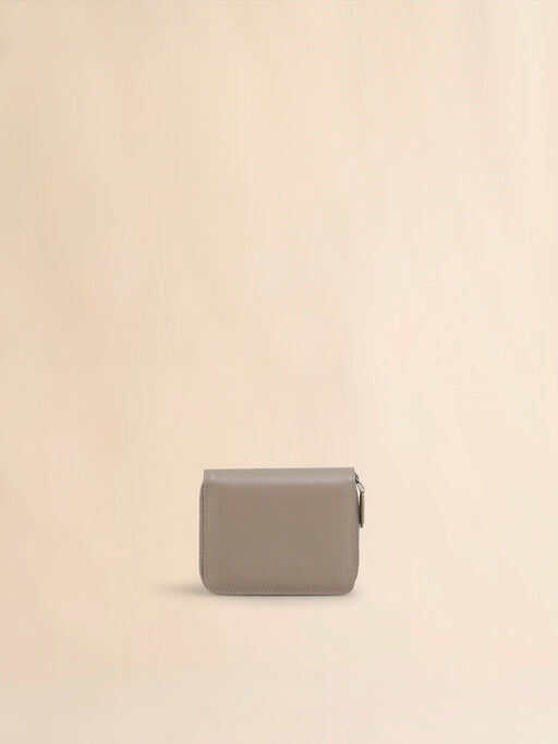 トープ レザー製 ジップアラウンド コンパクトウォレット、レイズド マルニロゴ - 財布
