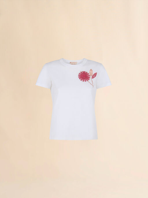 White organic cotton T-shirt with embroidered camellia - T-shirts