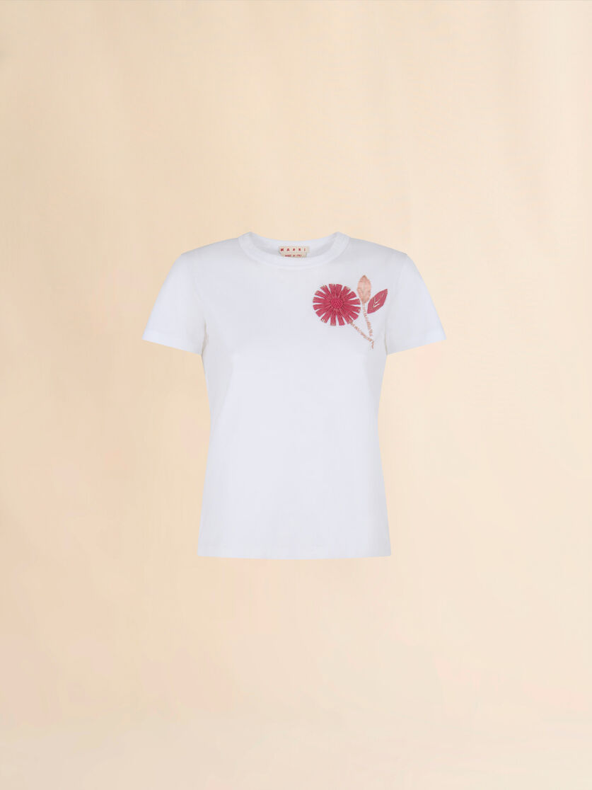 White organic cotton T-shirt with embroidered camellia - T-shirts - Image 1