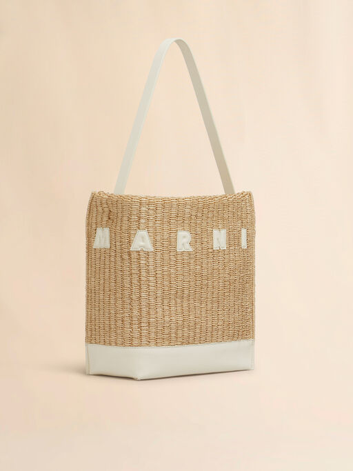 Small natural woven fabric Museo hobo bag with leather patches - Shopping Bags