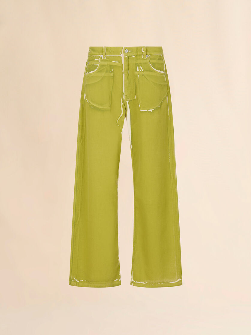 Green screen-printed denim wide-leg trousers, Image 1