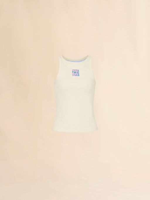 Cream ribbed cotton tank top with Marni Frame logo - T-shirts