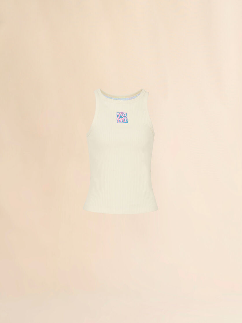 Cream ribbed cotton tank top with Marni Frame logo, Image 1