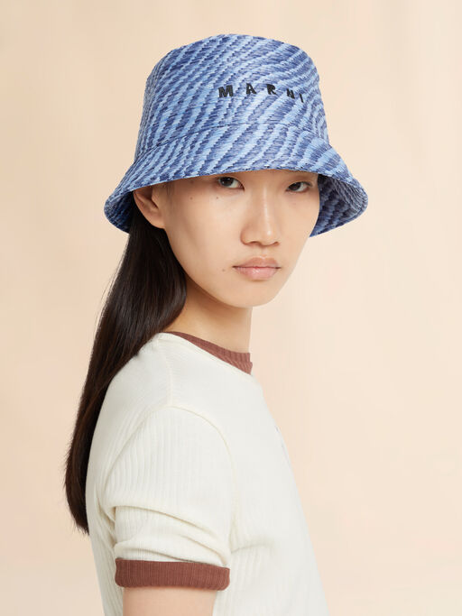 Blue raffia-effect bucket hat with wavy pattern - Hats