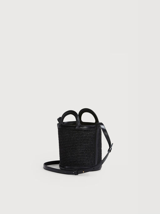 Tropicalia Small Bucket Bag in black leather and raffia-effect fabric - Shoulder Bag