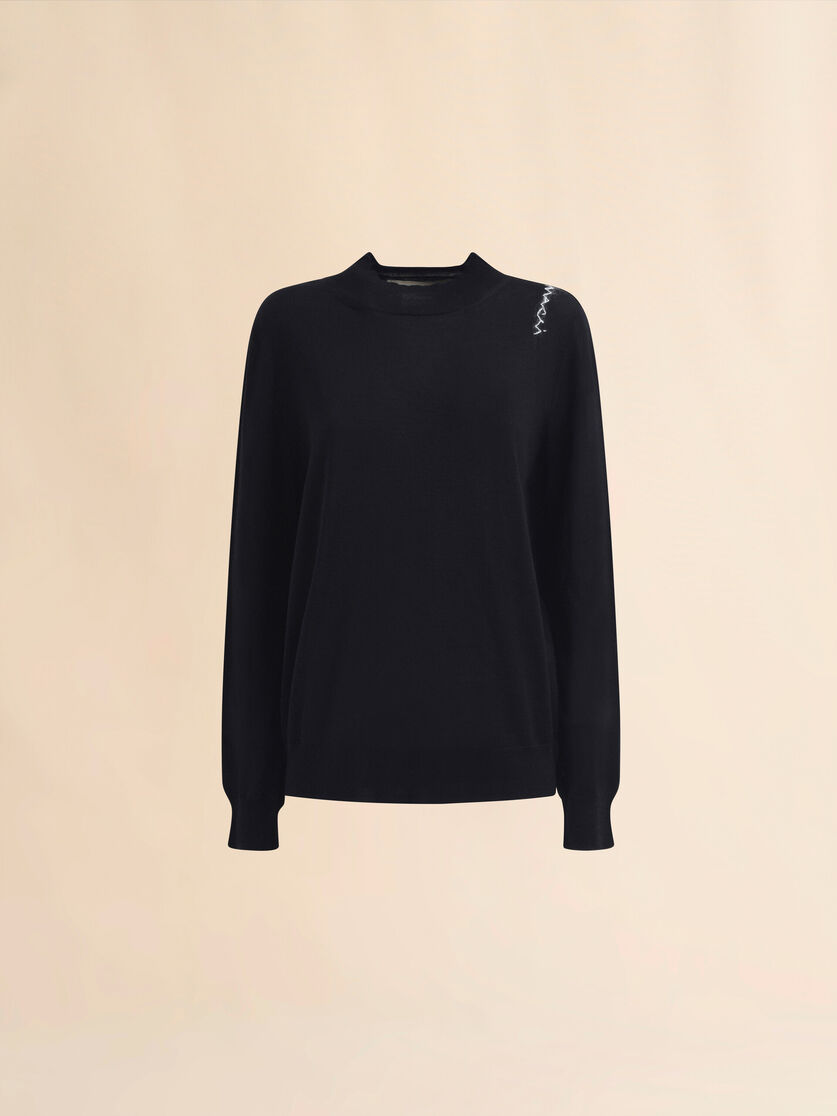 Black crew neck knitted jumper with contrasting back panel - Pullovers - Image 1