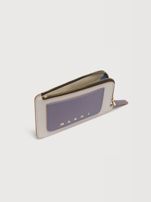 クリーム、パープル、＆ブルー サフィアーノレザー 箔押しロゴ Trunk ジップカードホルダー - 財布