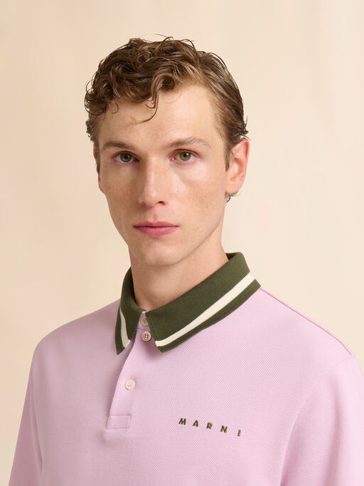Pink piqué polo shirt with striped collar - Shirts