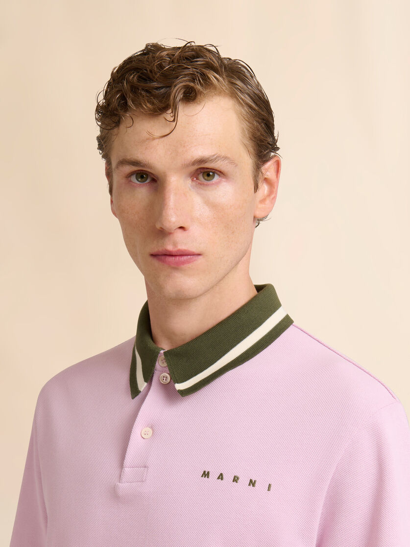 Pink piqué polo shirt with striped collar, Image 4