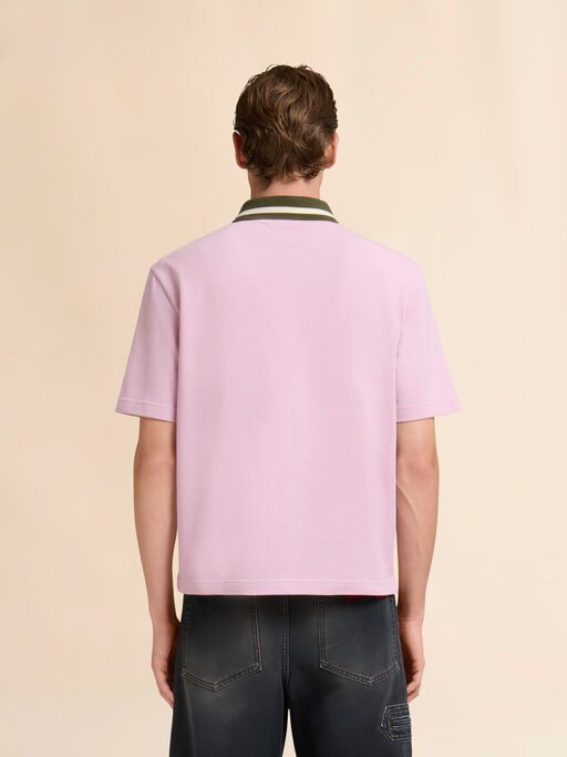 Pink piqué polo shirt with striped collar - Shirts