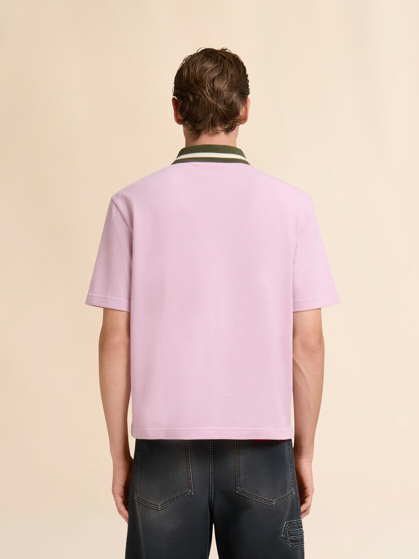 Pink piqué polo shirt with striped collar, Image 3