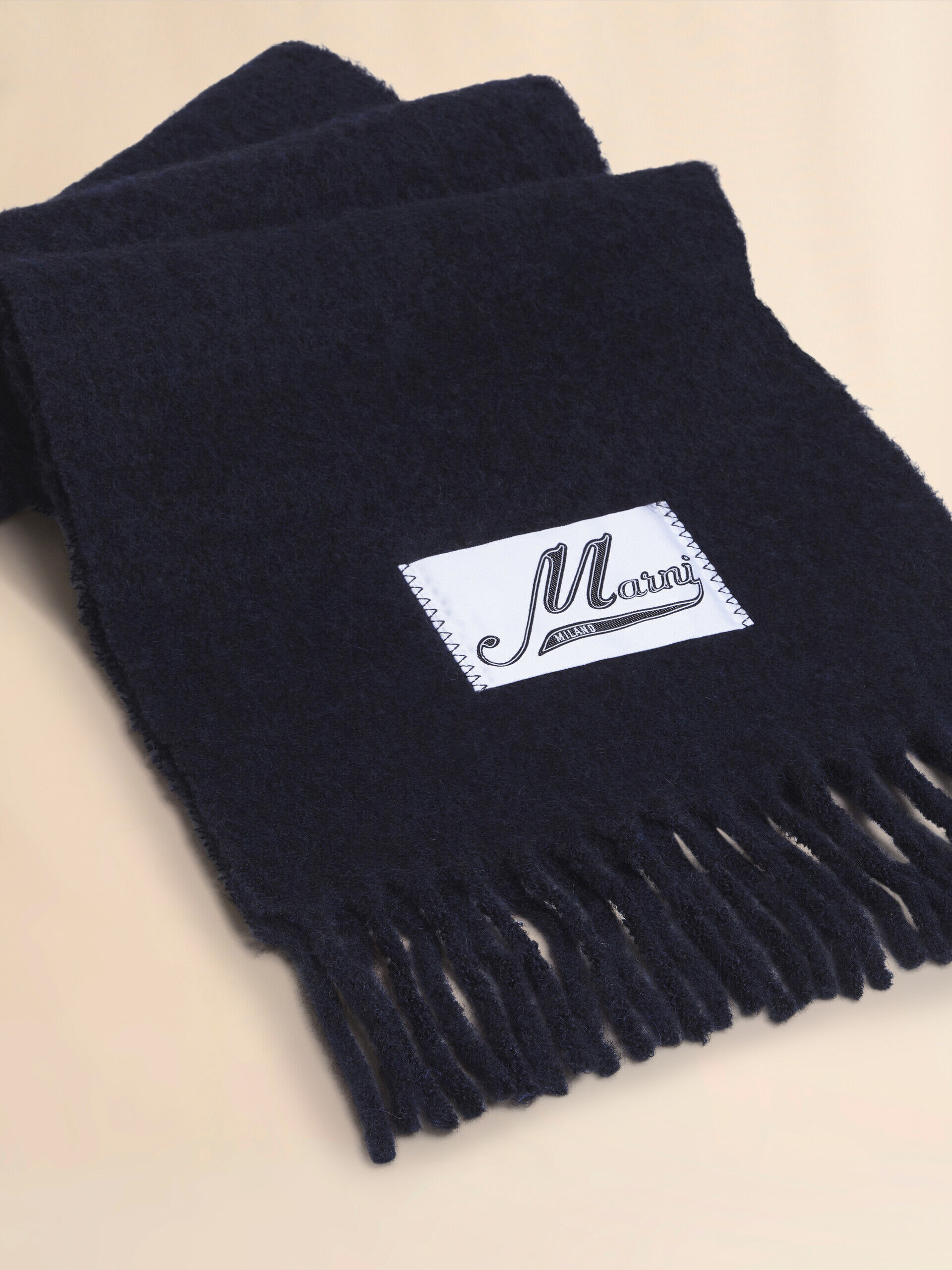 Deep blue brushed alpaca scarf with fringes | Marni