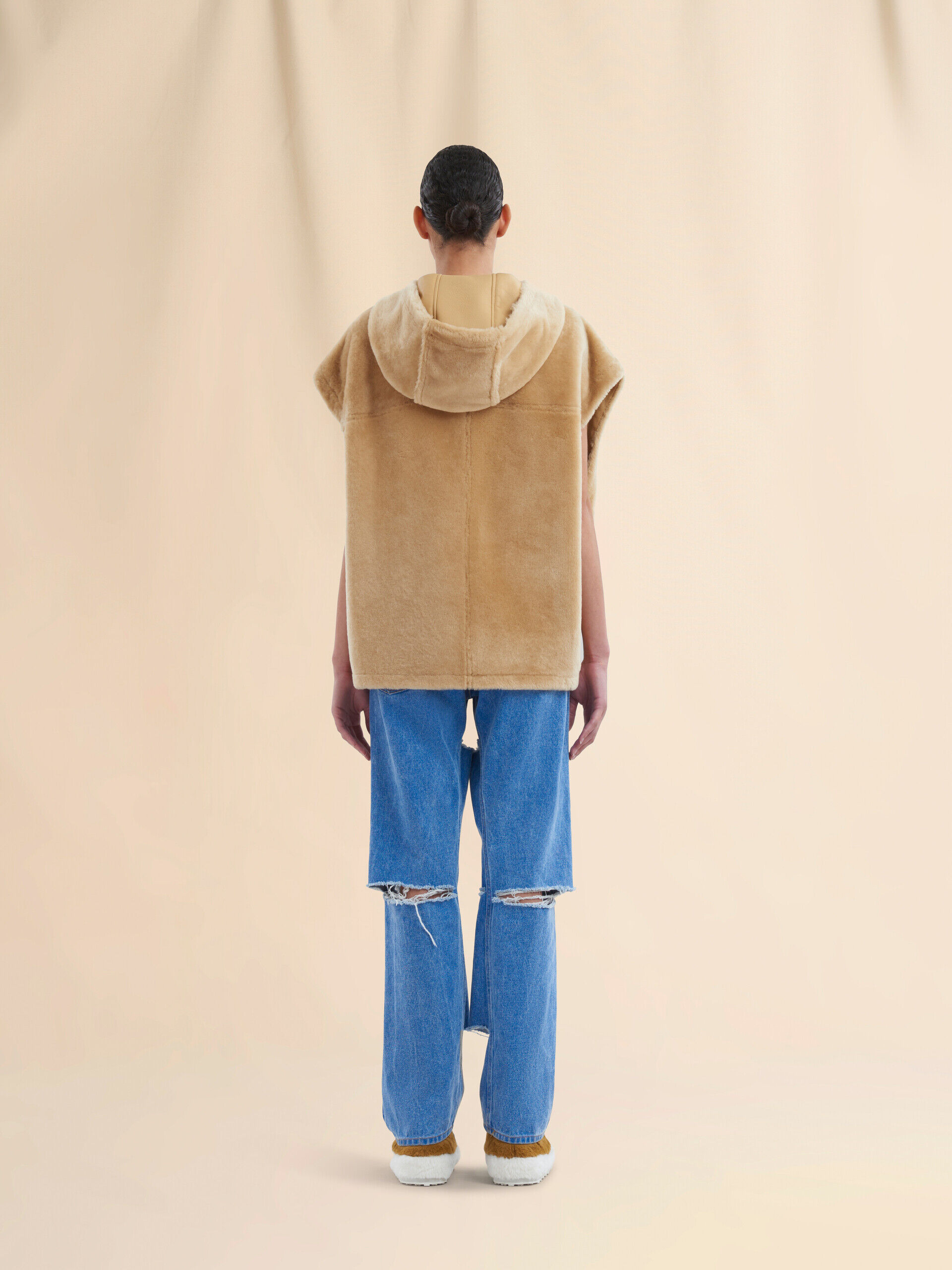 Brown shaved shearling hooded gilet | Marni