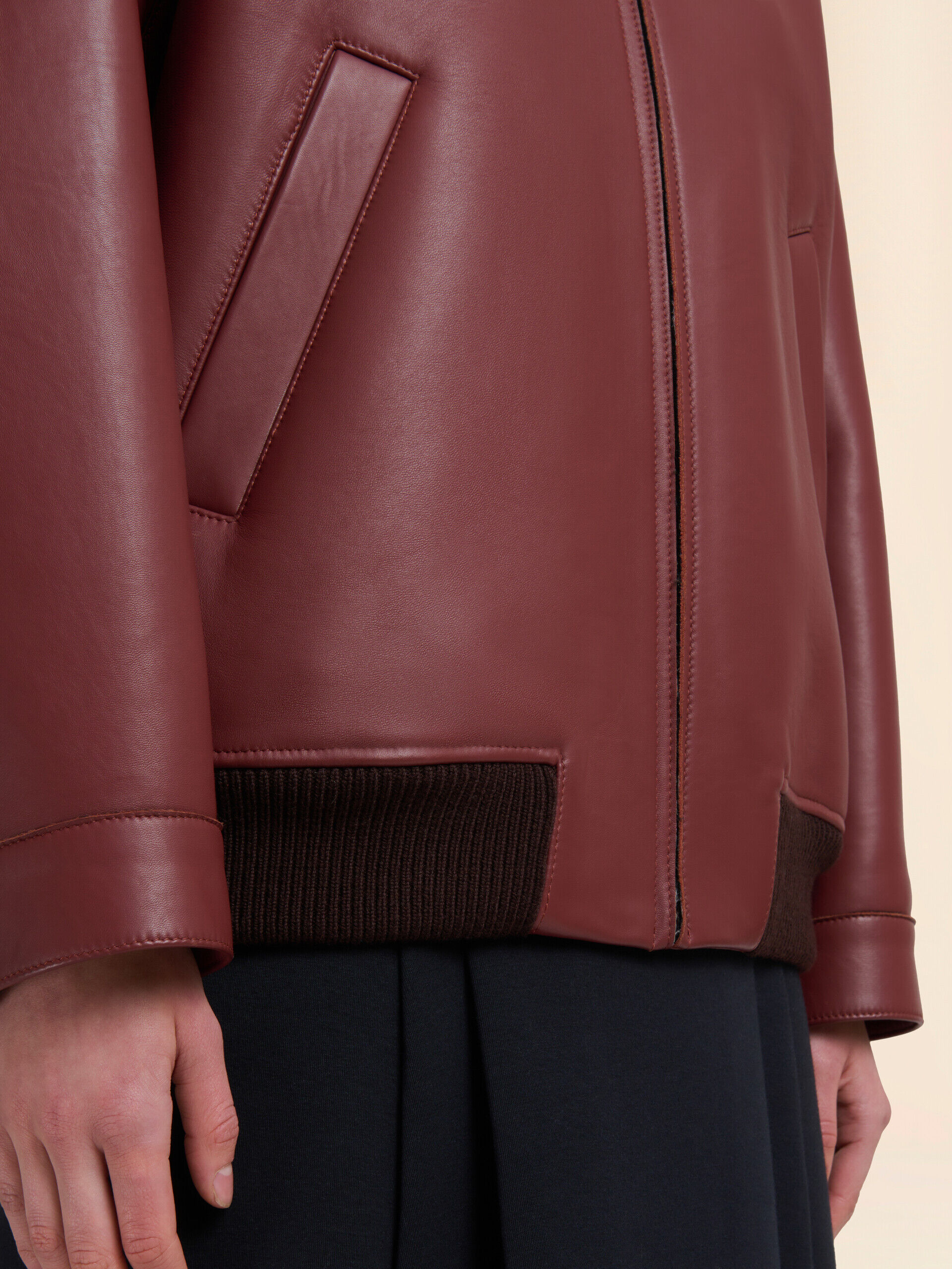 MARNI ジャケット Burgundy leather jacket with shearling collar | Marni