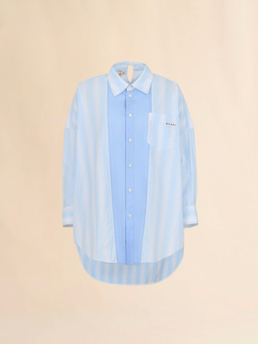 ブルー 無地パネル付きストライプポプリンシャツ, Image 1