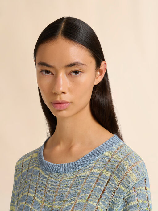 Blue ribbed linen dress with wavy pattern - Dresses