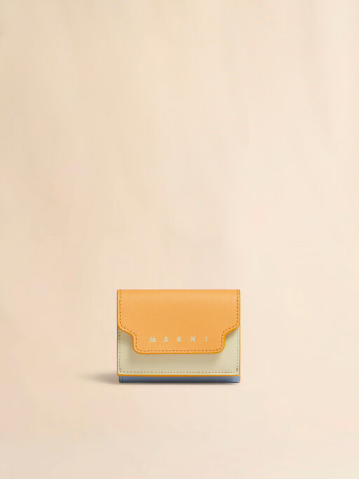 オレンジ、クリーム＆ブルー サフィアーノレザー製三つ折りウォレット - 財布