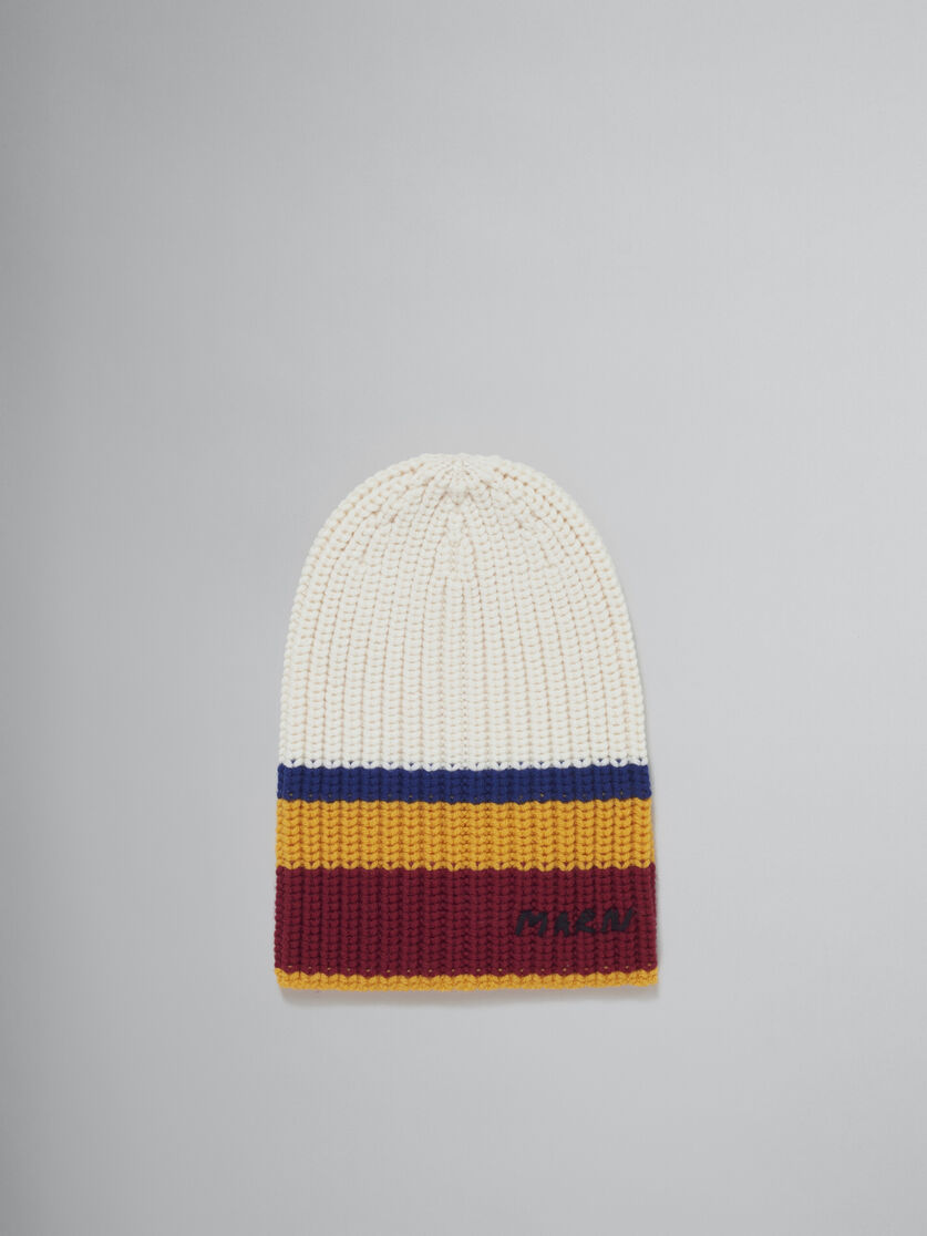 White ribbed wool beanie with maxi stripes - Hats - Image 1