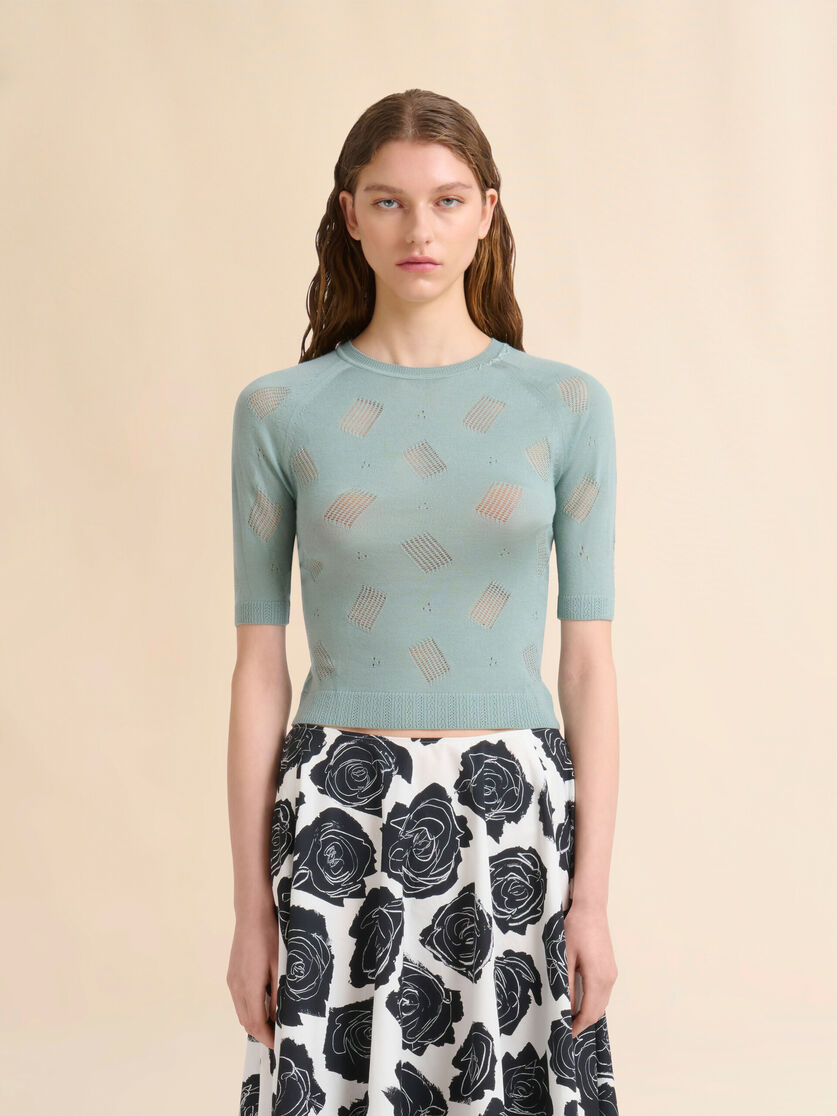 Black wool-silk knit openwork top - Pullovers - Image 2