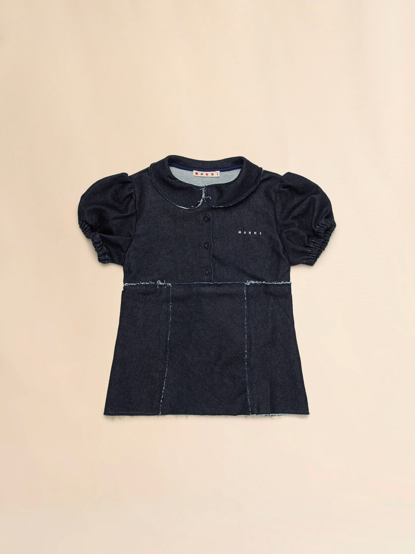 Deep blue stretch denim dress with raw-cut edges, Image 1