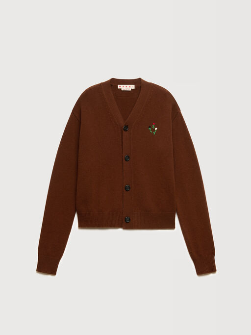 Brown wool-cashmere cardigan with flower embroidery - Pullovers