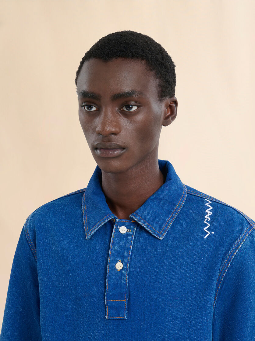 Blue oversize organic denim polo shirt with Marni Symbol - Shirts - Image 4