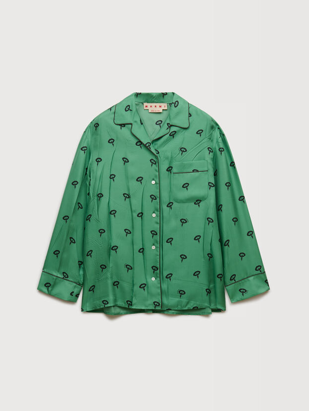 Camisa pijamera de sarga de seda verde con estampado floral - Camisas