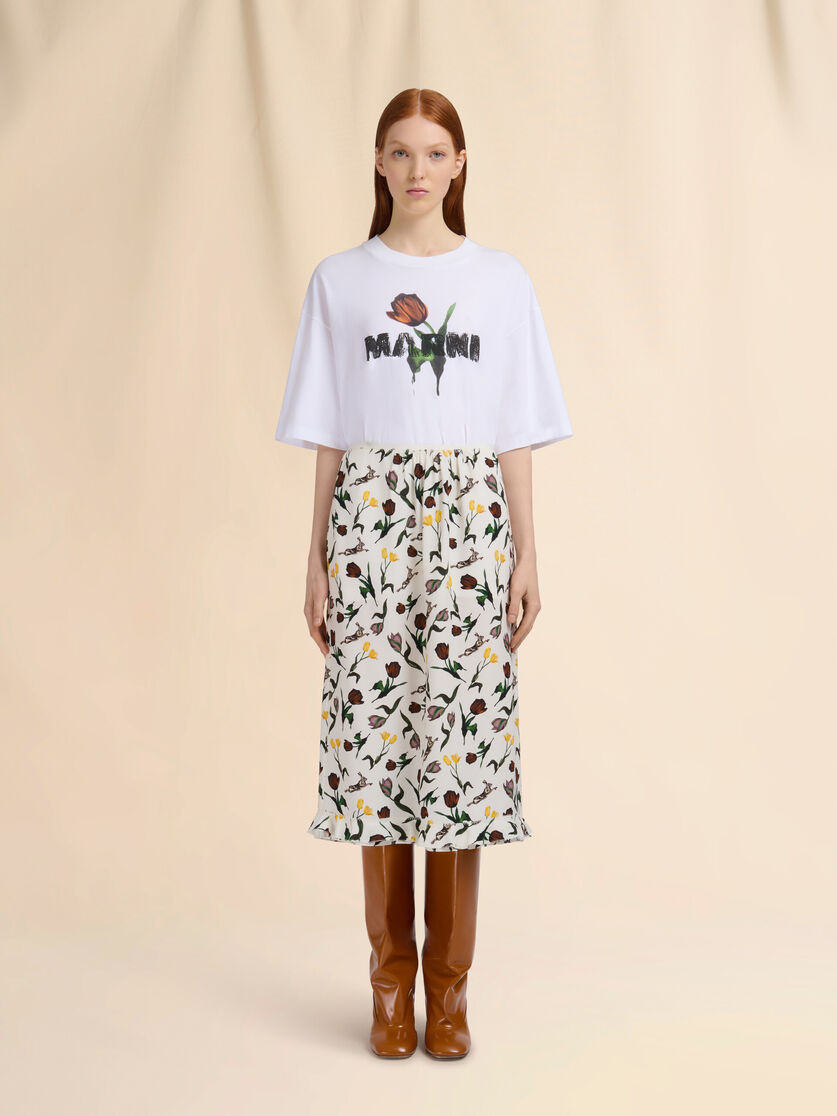 Cream envers satin midi skirt with Tulips and Hares print - Skirts - Image 2