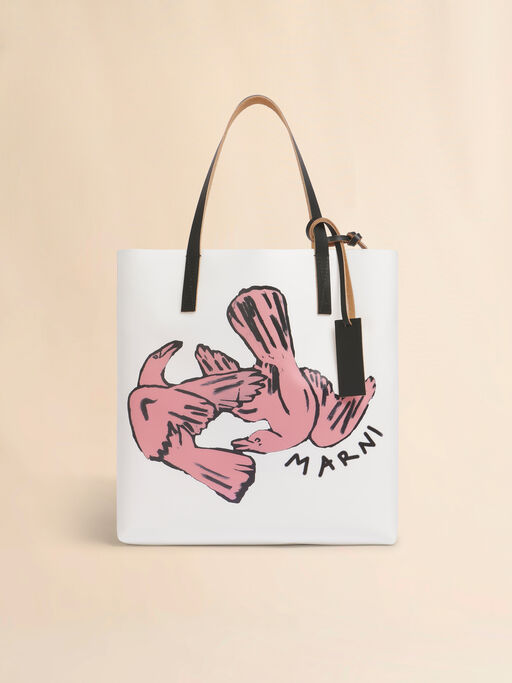 ホワイト ピンク Tribeca ファブリック製トート 鳥のプリント - ショッピングバッグ