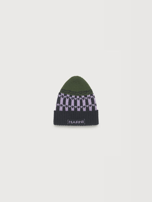 Green wool beanie with geometric motif - Hats