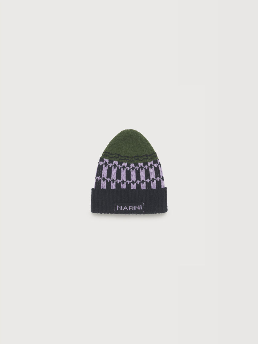 Green wool beanie with geometric motif, Image 1