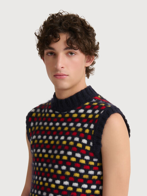 Red and blue jacquard Shetland wool vest - Pullovers