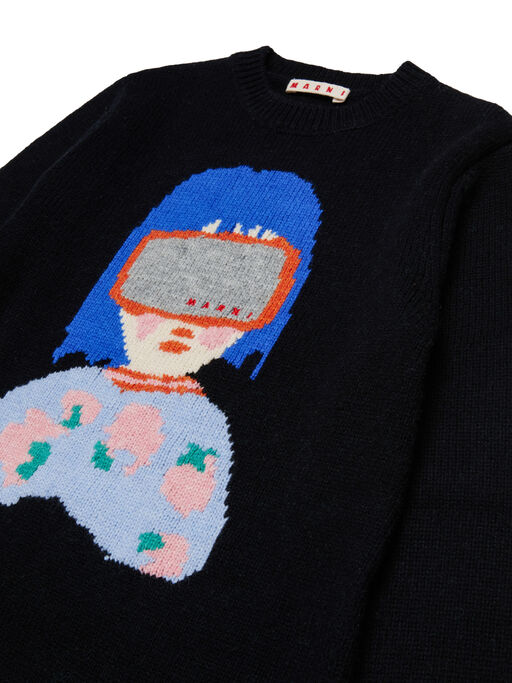 Black wool blend jumper dress with goggle lady inlay - Dresses