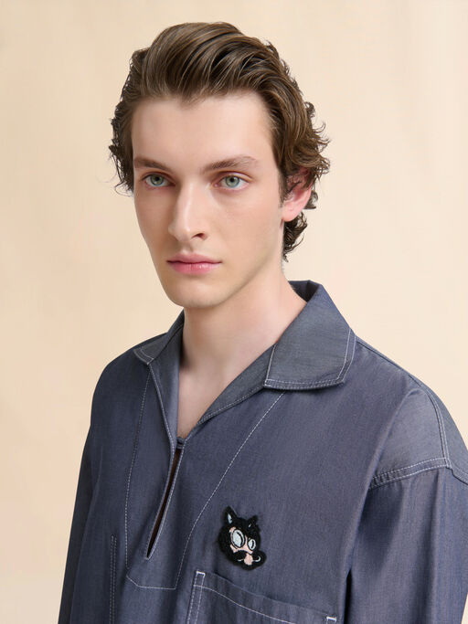 Blaue Bluse aus Chambray mit Polokragen - Hemden