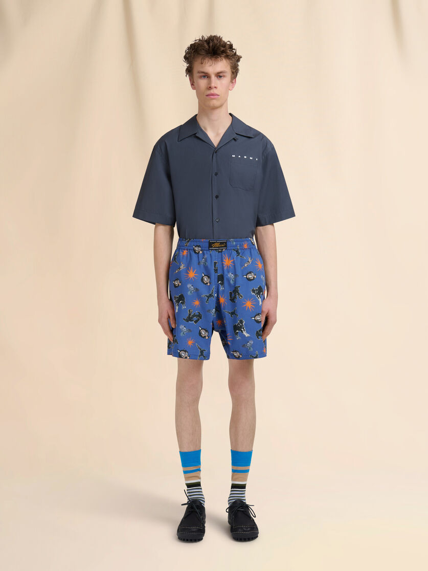 Blue poplin Bermuda shorts with Wolves, Ravens and Doves print - Swimwear - Image 2