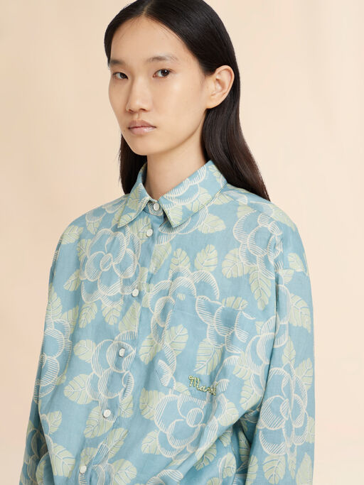 Blue ramie drawstring shirt with Banjo print - Shirts