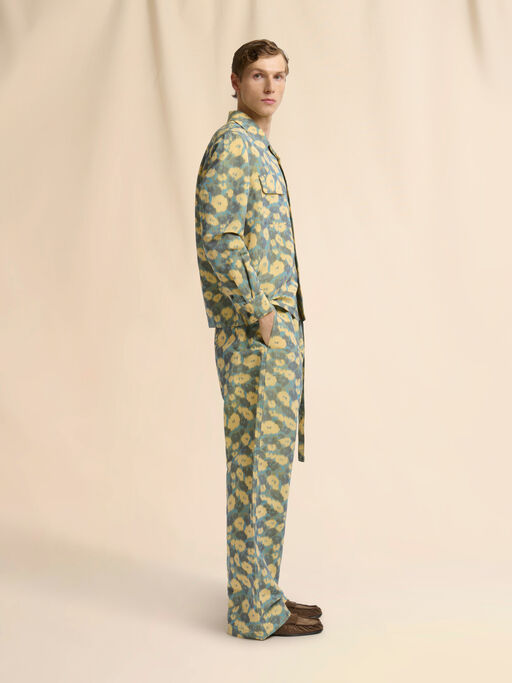 Green linen blend trousers with blurry floral print - Pants