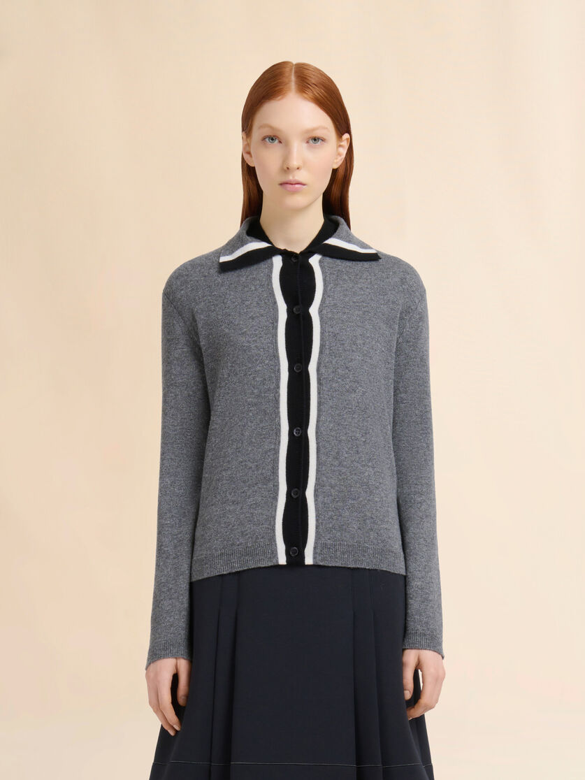Grey wool cardigan with bicolor placket - Pullovers - Image 2