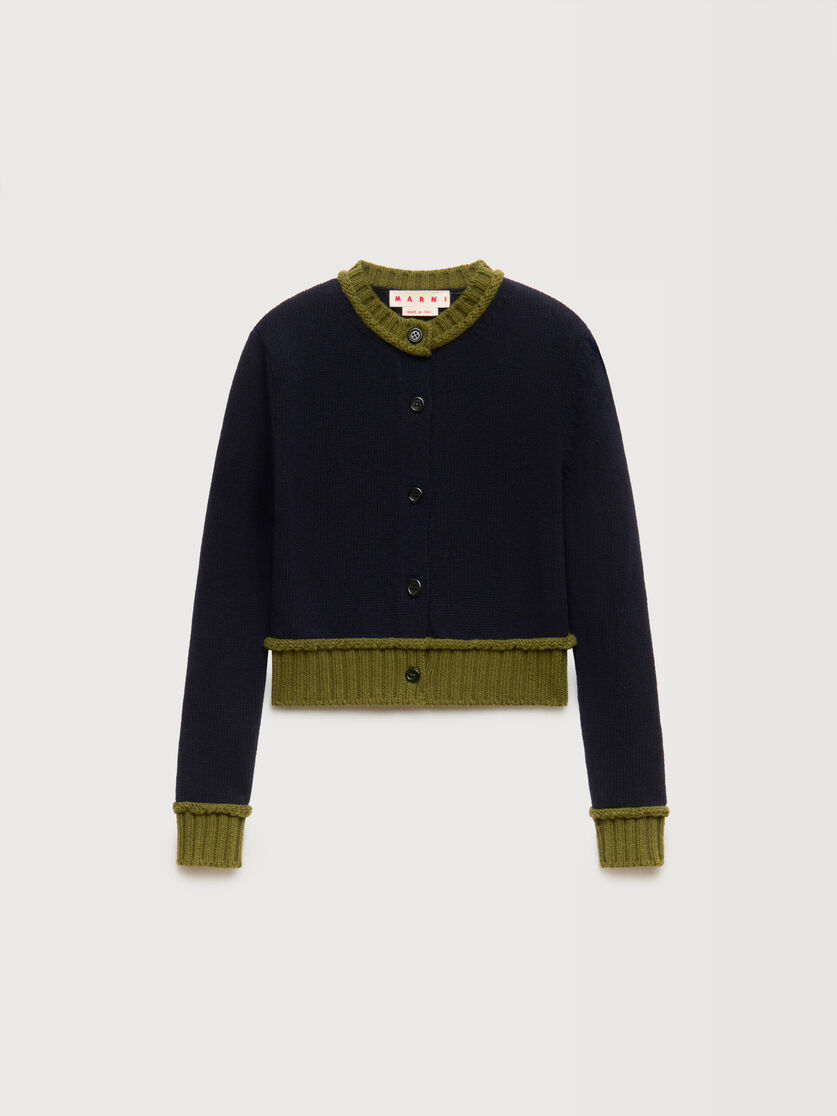 Deep blue wool blend cardigan with contrast trims, Image 1