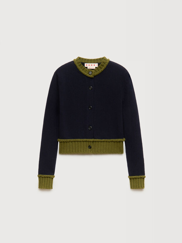 Deep blue wool blend cardigan with contrast trims - Pullovers