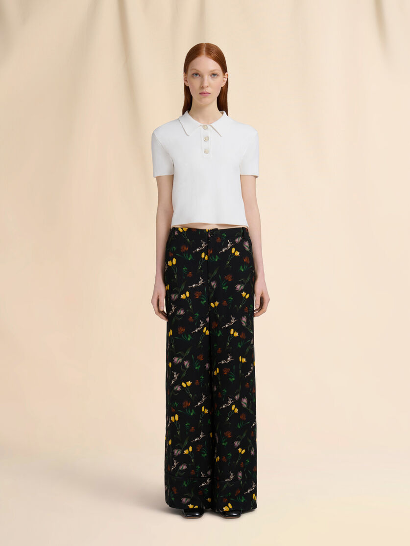 Cream envers satin palazzo trousers with Tulips and Hares print - Pants - Image 2