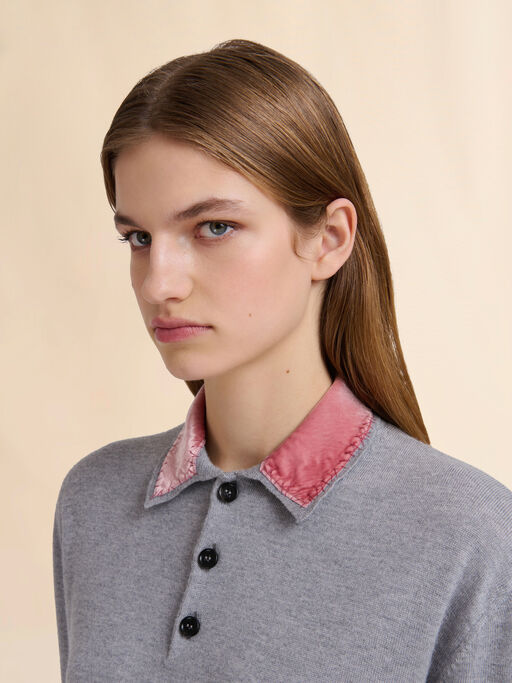 Grey wool polo shirt with velvet collar - Shirts