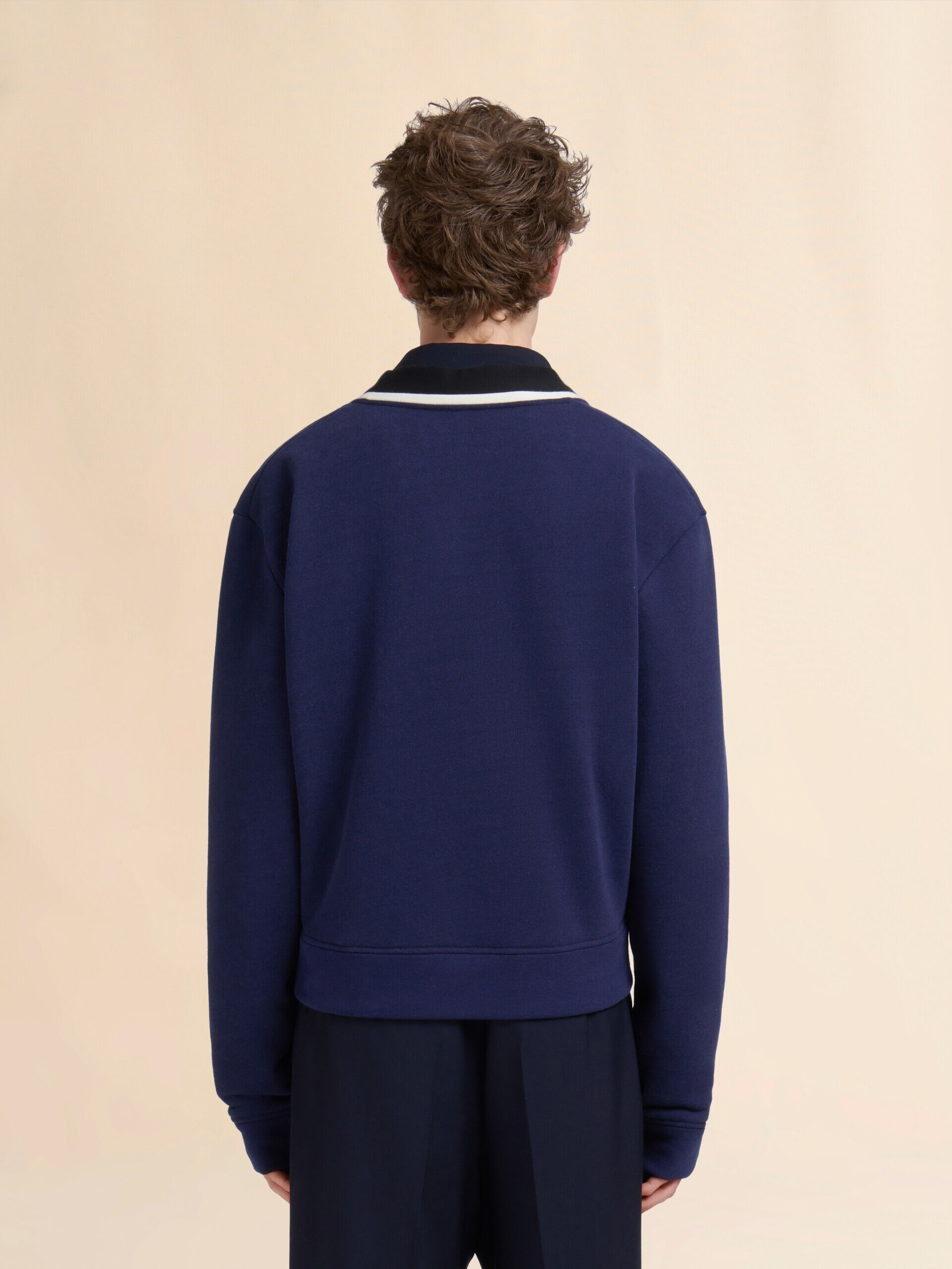 Blue organic cotton cardigan sweatshirt with bicolour