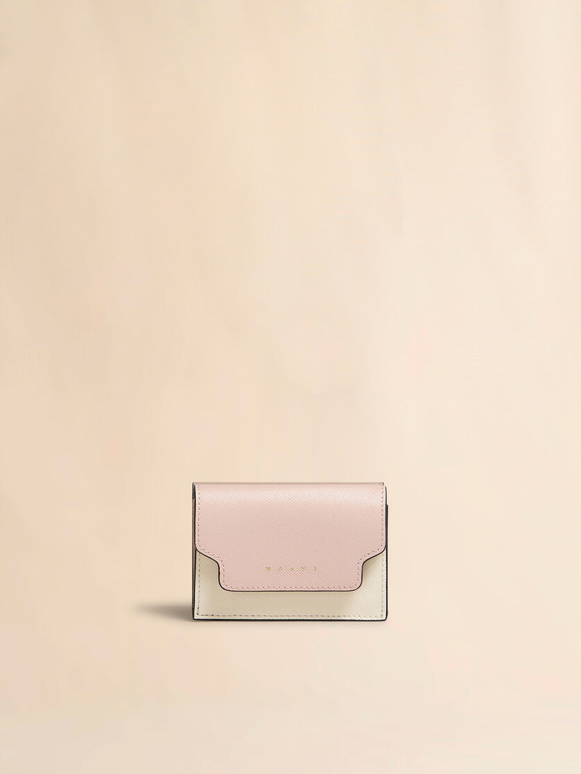 Portafoglio tri-fold in pelle saffiano verde, bianca e marrone - Portafogli - Image 1